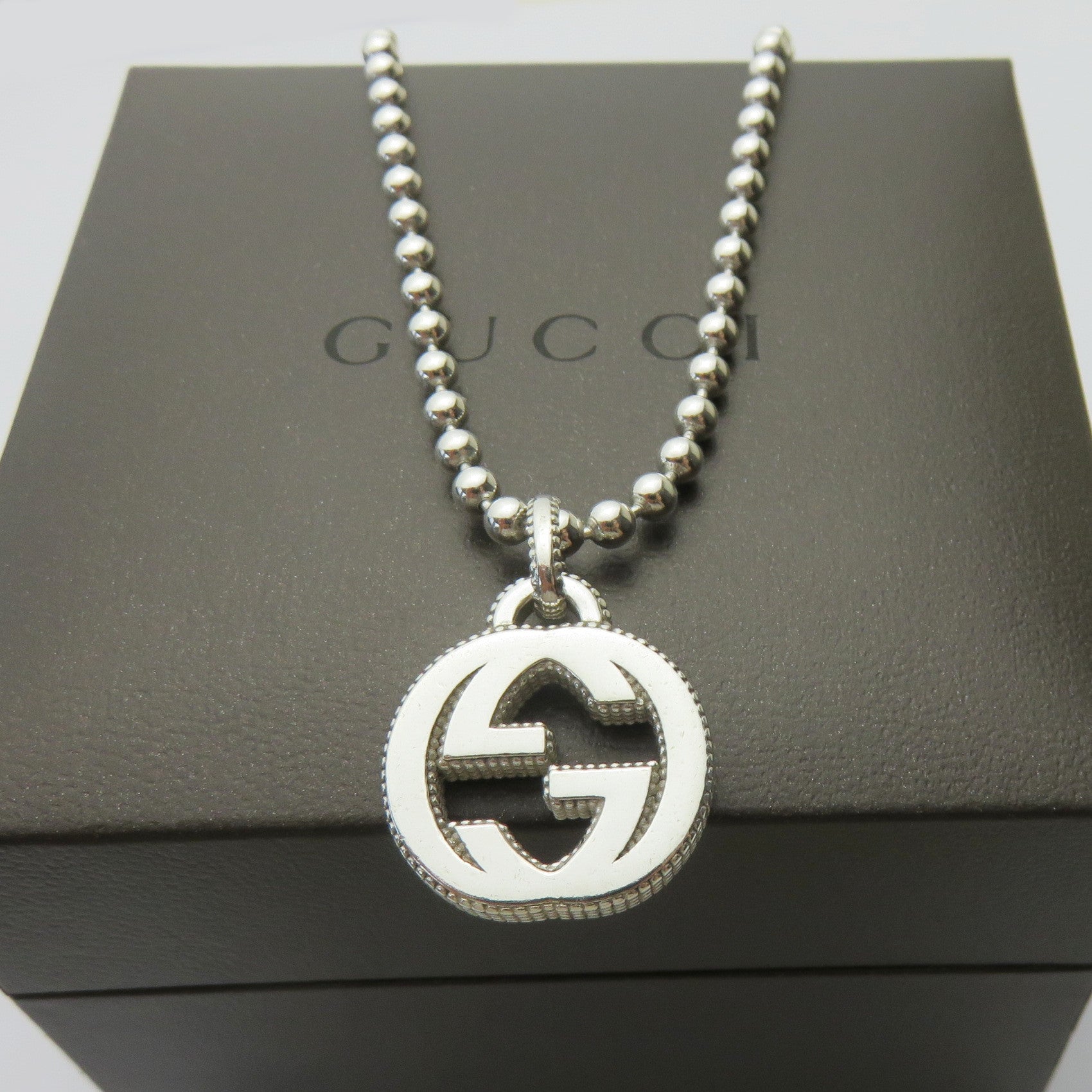 Gucci 925 Sterling Silver Interlocking G Ball Chain Unisex Necklace with Box