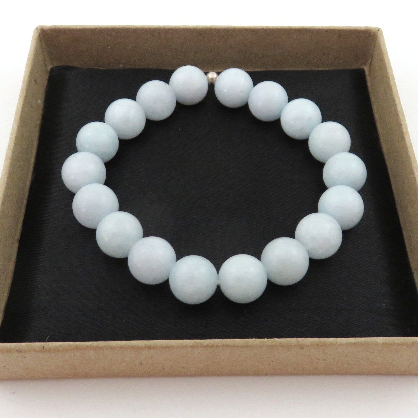Genuine Aquamarine Handmade Bracelet 10mm Beads Silver Accent Elastic Box
