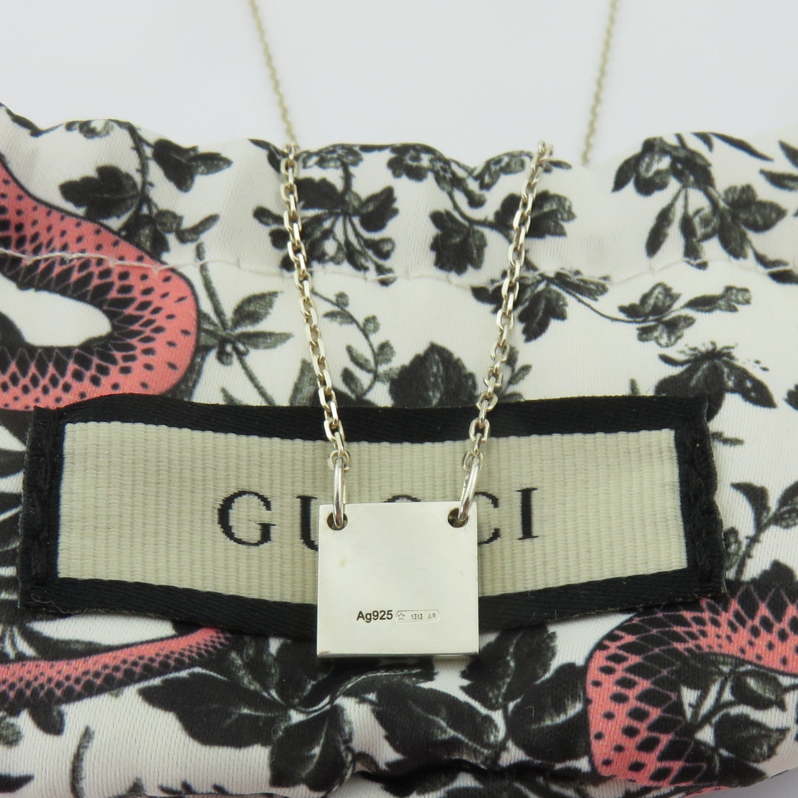 Gucci 925 Sterling Silver Mini Square Tag Pendant Necklace with Pouch