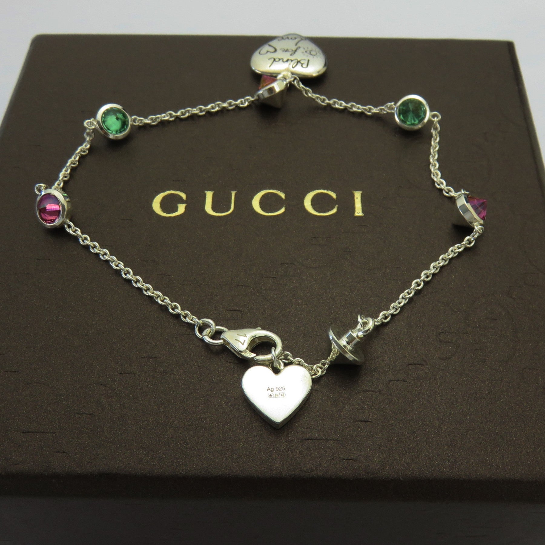 Gucci 925 Silver Red Green Rhinestones Blind for Love Heart Tag Bracelet with Box