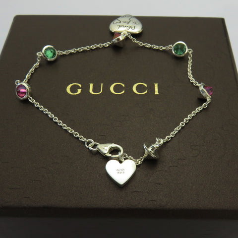 Gucci 925 Silver Red Green Rhinestones Blind for Love Heart Tag Bracelet