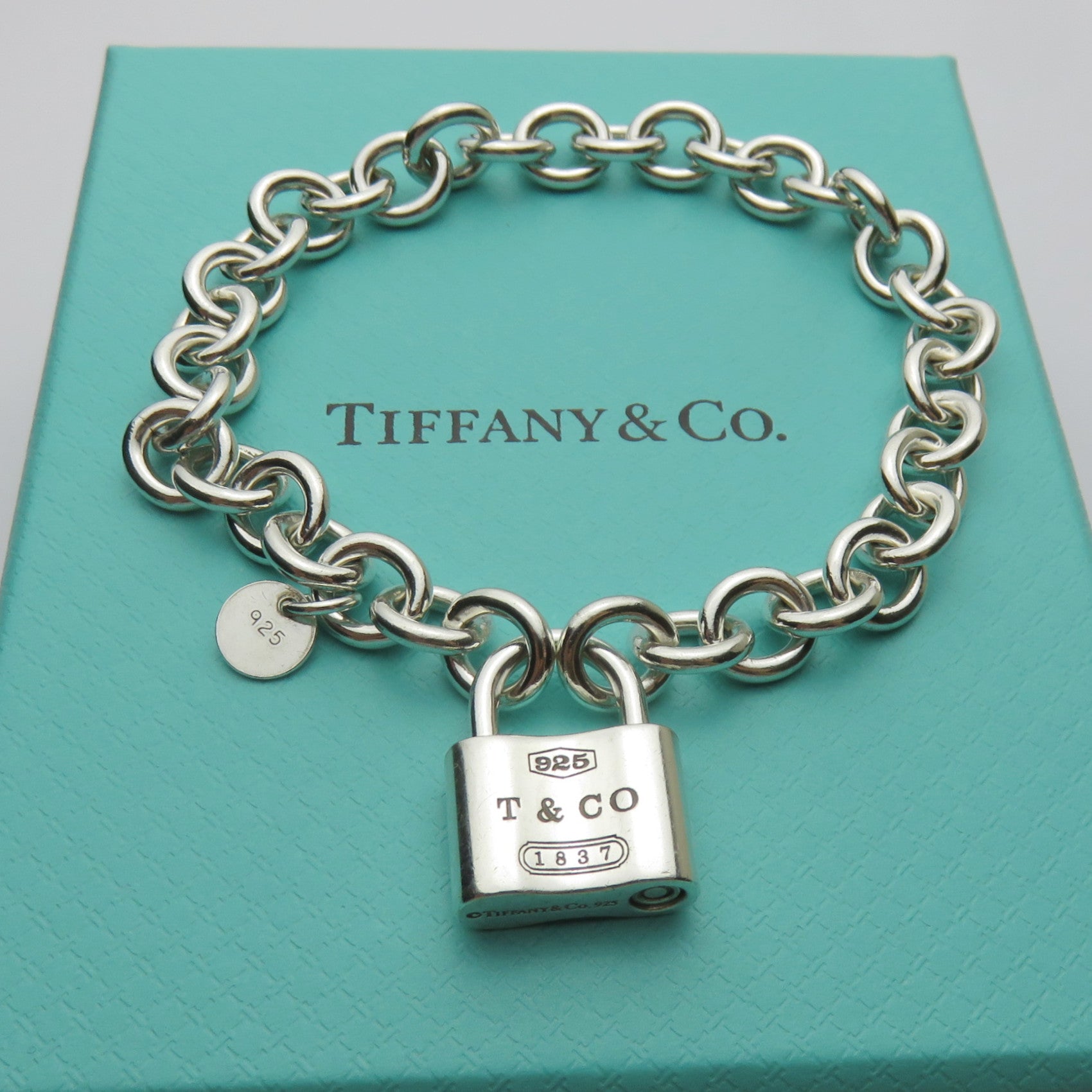 TIFFANY & CO 925 Sterling Silver 1837 Padlock Bold Chain Bracelet with Box