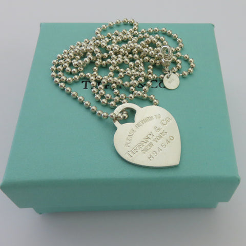 TIFFANY & CO 925 Silver Return to Tiffany Heart Tag Long Beaded Chain Necklace