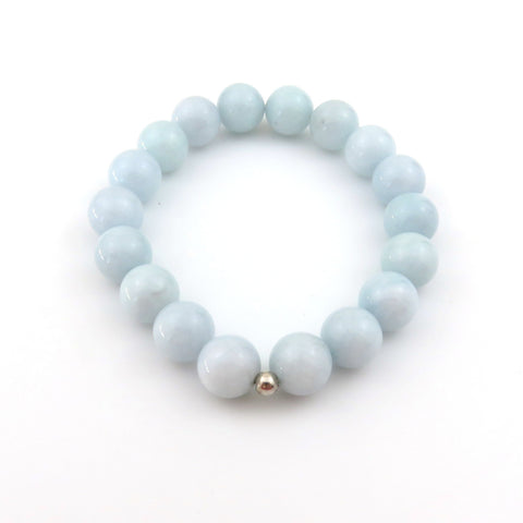 Genuine Aquamarine Handmade Bracelet 10mm Beads Silver Accent Elastic Box