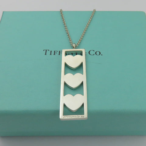 TIFFANY & CO 925 Sterling Silver Triple Heart Bar Pendant Necklace with Box