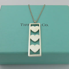 TIFFANY & CO 925 Sterling Silver Triple Heart Bar Pendant Necklace with Box