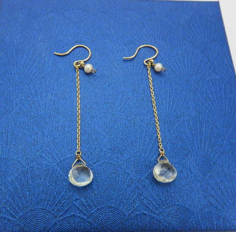 ete Japan K18 Yellow Gold Hook Pearl Clear Quartz Drop Dangle Chain Earrings