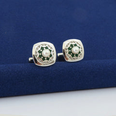 MIKIMOTO 925 Sterling Silver Green Enamel Starburst Akoya Pearl Cufflinks Rare