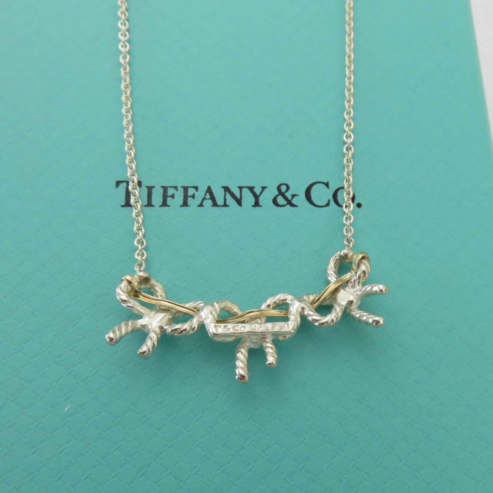 TIFFANY & CO 925 Sterling Silver 18K Gold Triple Bow Ribbon Pendant Necklace
