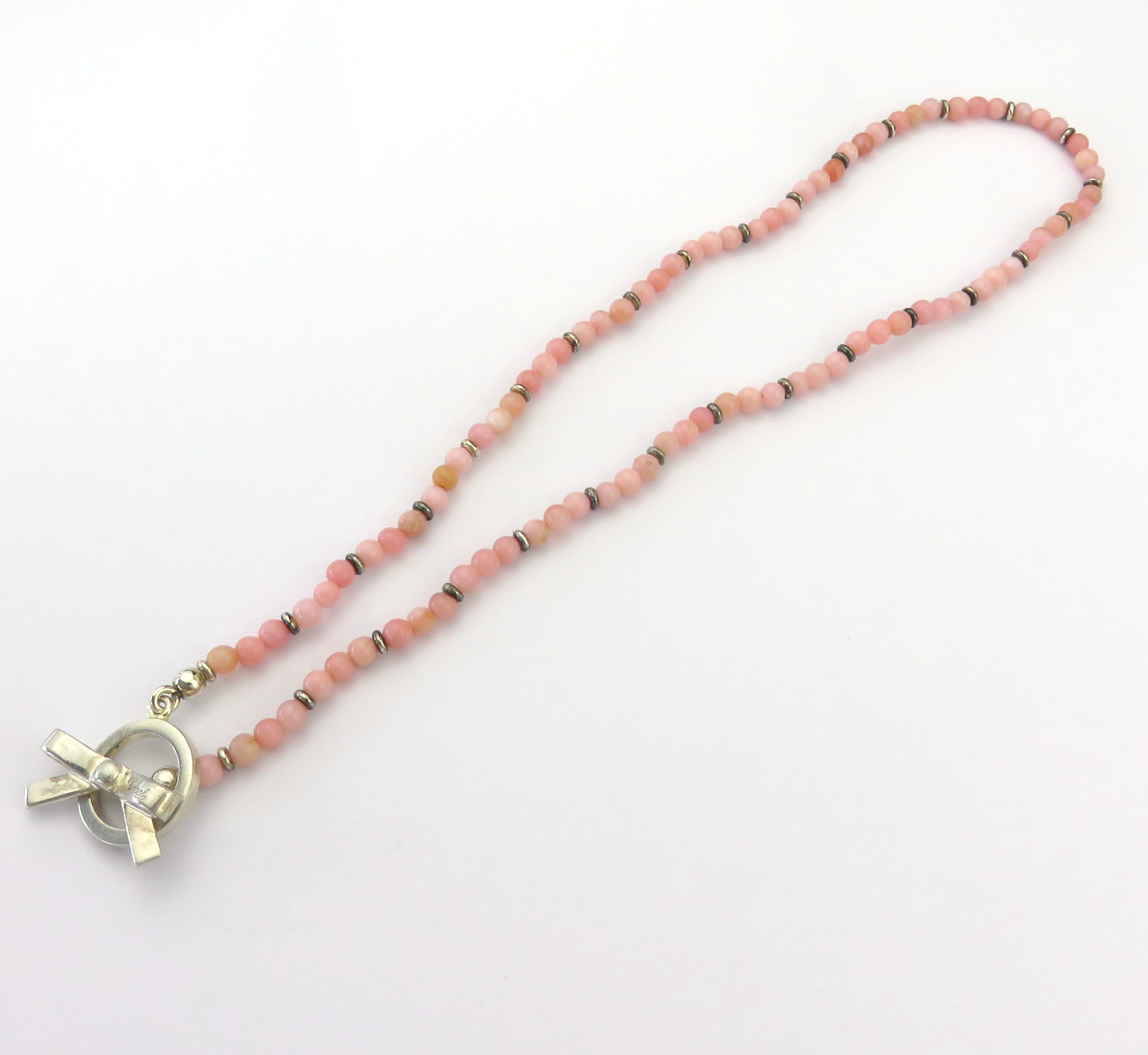 GUCCI 925 Sterling Silver Pink Beads Ribbon Toggle Choker Necklace with Box