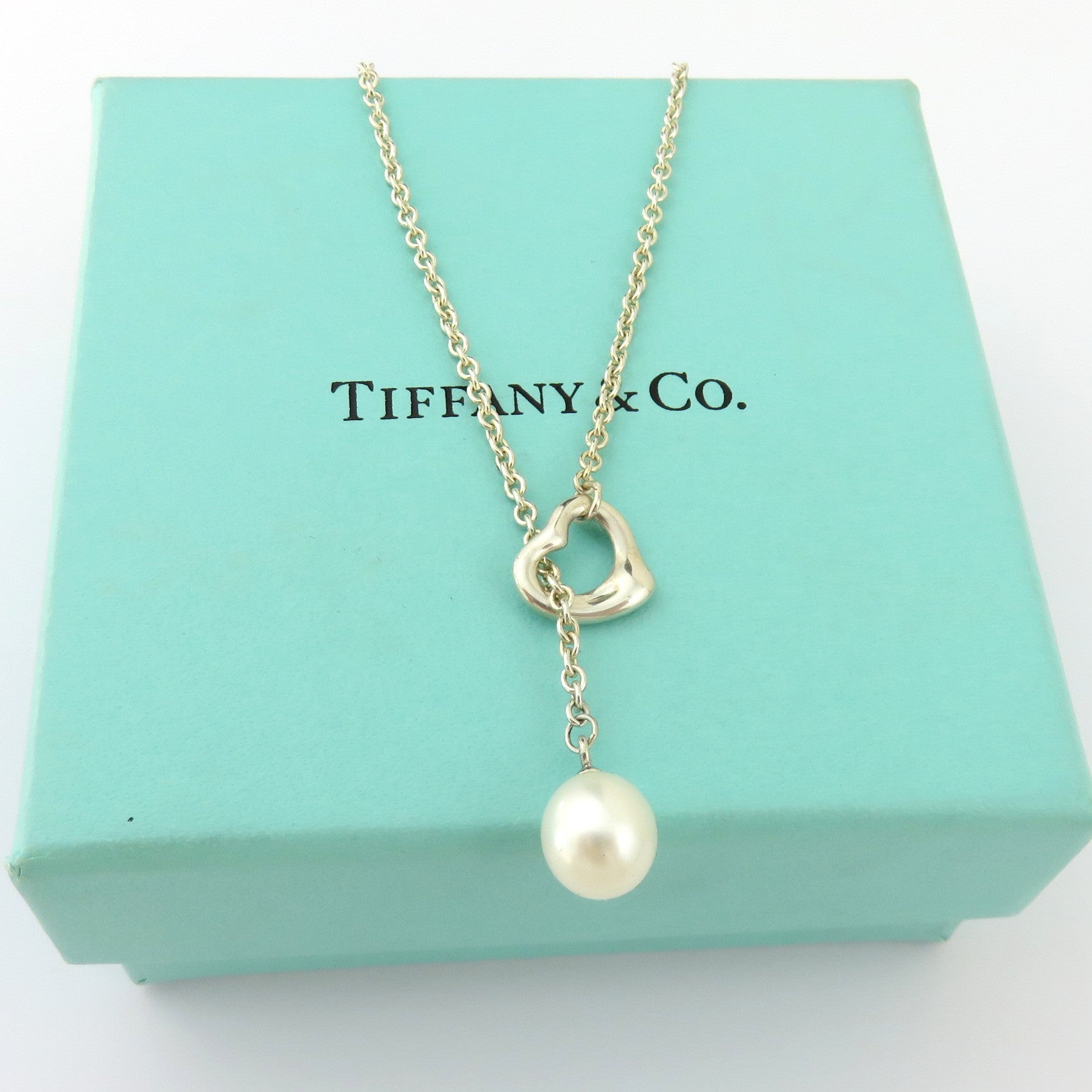 TIFFANY & CO 925 Sterling Silver Open Heart Pearl Lariat Necklace with Box Pouch