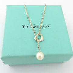 TIFFANY & CO 925 Sterling Silver Open Heart Pearl Lariat Necklace with Box Pouch