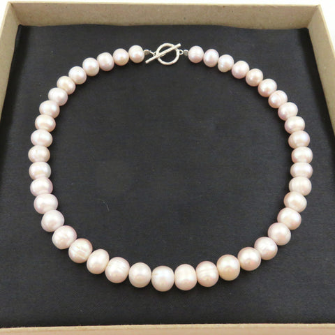 Real Freshwater Pearl Necklace 10-11mm Handmade 925 Silver Toggle Clasp 43cm