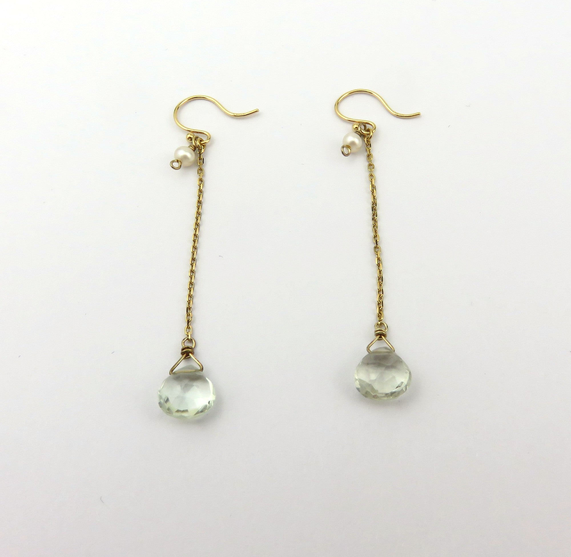 ete Japan K18 Yellow Gold Hook Pearl Clear Quartz Drop Dangle Chain Earrings