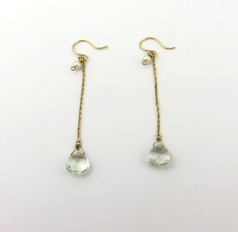 ete Japan K18 Yellow Gold Hook Pearl Clear Quartz Drop Dangle Chain Earrings