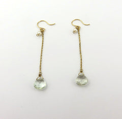 ete Japan K18 Yellow Gold Hook Pearl Clear Quartz Drop Dangle Chain Earrings