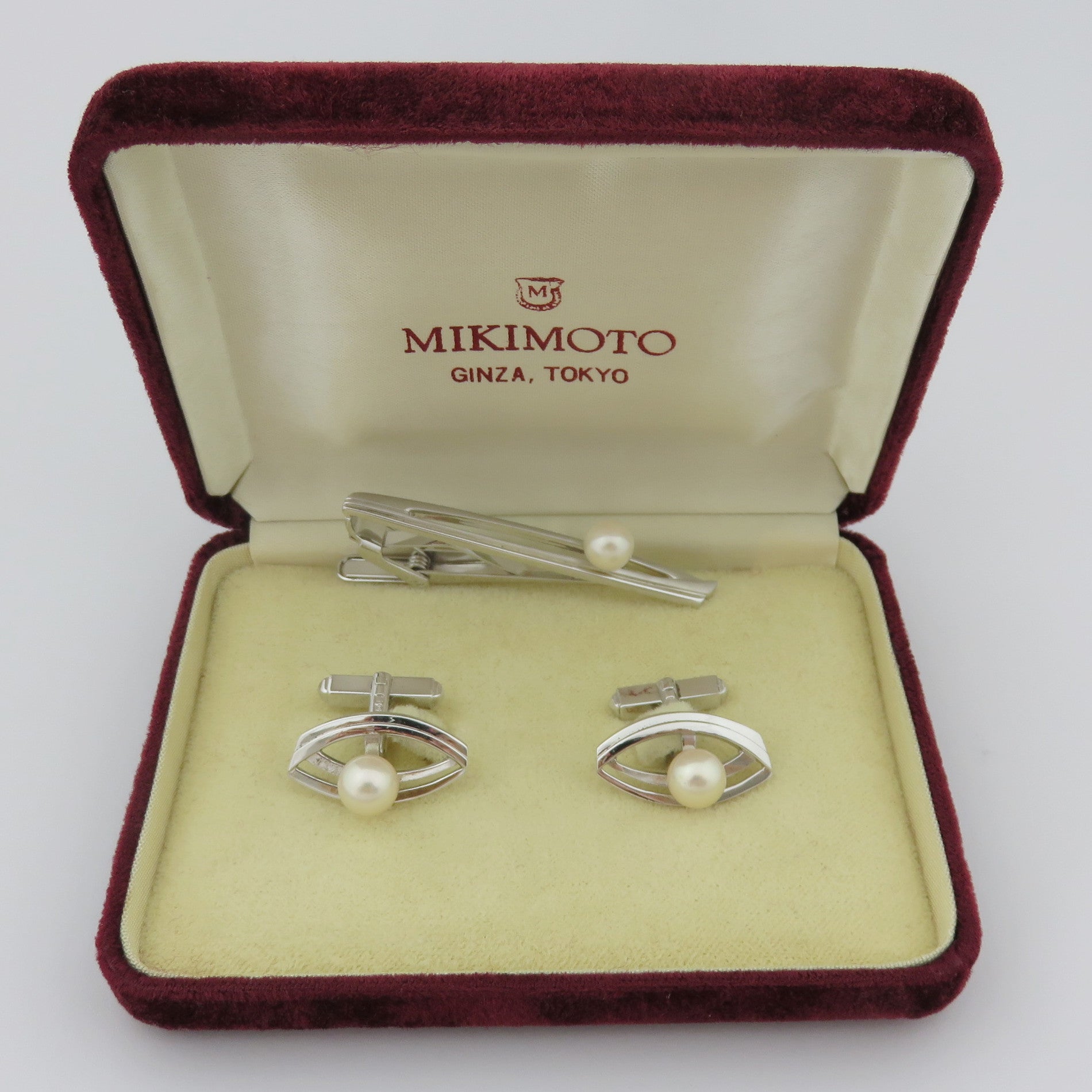 MIKIMOTO 925 Silver Akoya Pearl Marquise Cufflinks & Tie Clip Bar Set with Box