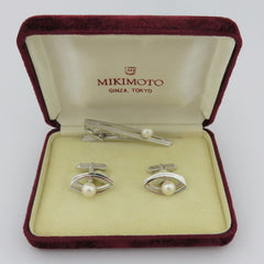 MIKIMOTO 925 Silver Akoya Pearl Marquise Cufflinks & Tie Clip Bar Set with Box