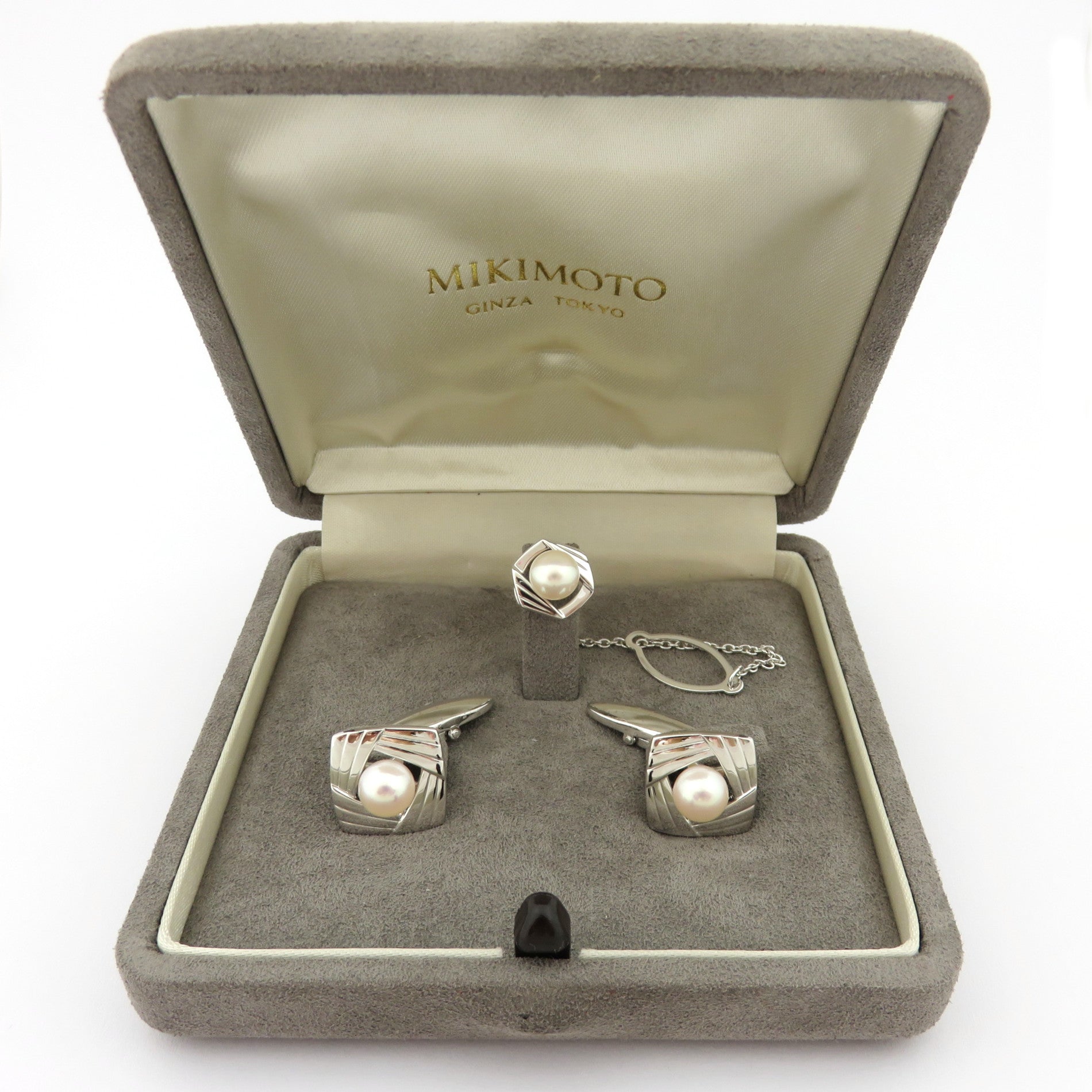 Mikimoto 925 Silver 6.5 mm Akoya Pearl Cufflinks Tie Tack Set Original Box