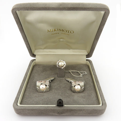 Mikimoto 925 Silver 6.5 mm Akoya Pearl Cufflinks Tie Tack Set Original Box