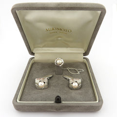 Mikimoto 925 Silver 6.5 mm Akoya Pearl Cufflinks Tie Tack Set Original Box