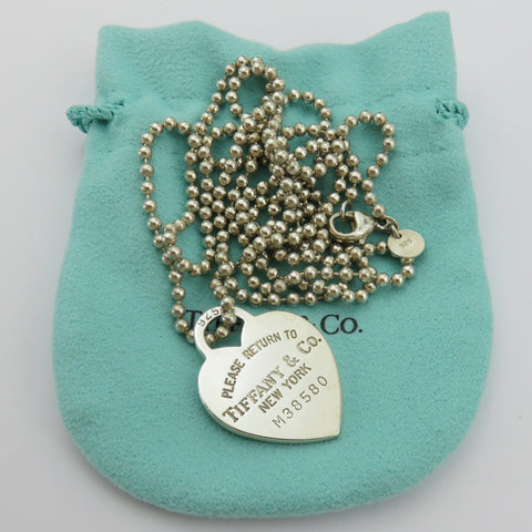 TIFFANY & CO 925 Silver Return to Tiffany Heart Tag Long Beaded Chain Necklace