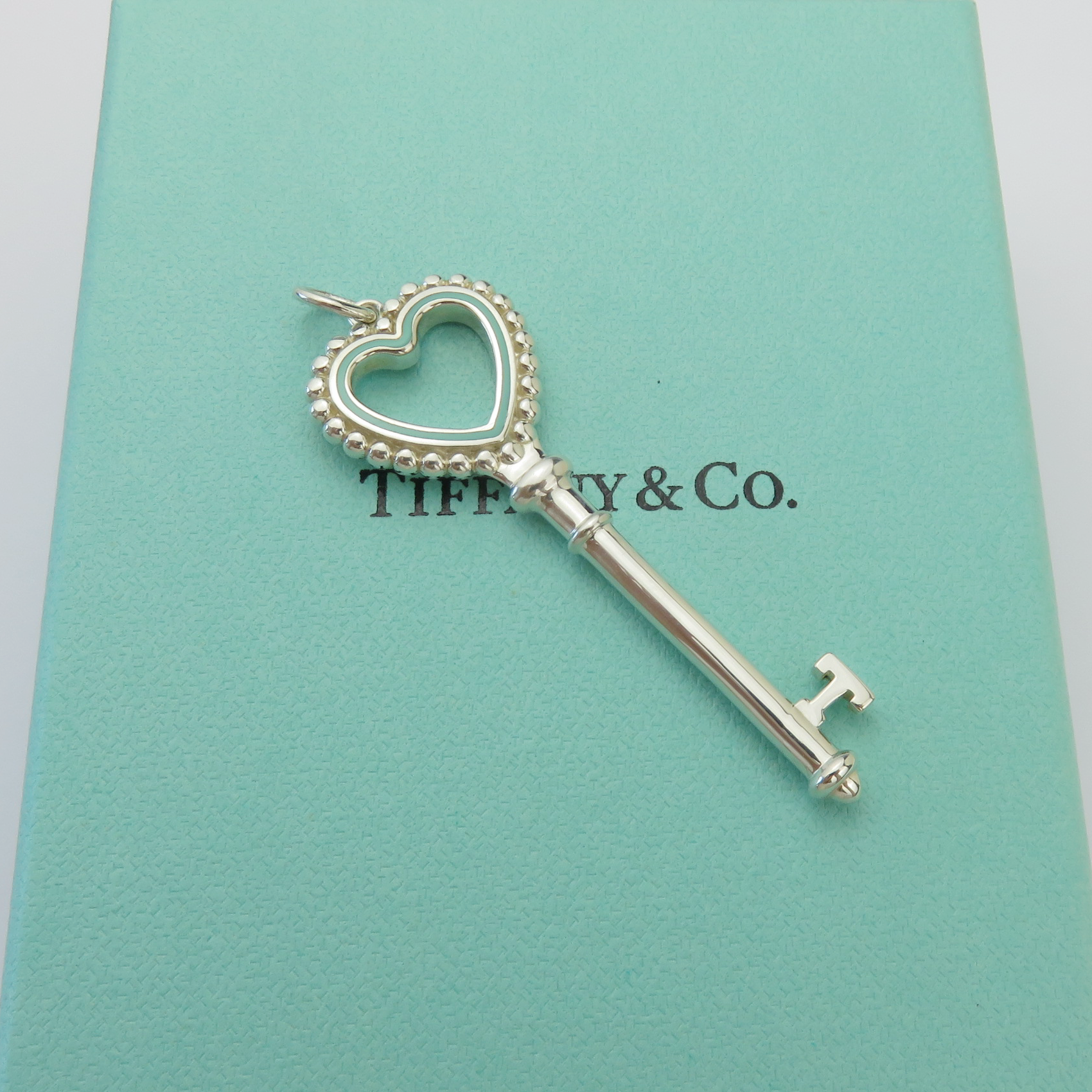 Tiffany & Co 925 Steling Silver Blue Enamel Large Beaded Heart Key Pendant Charm