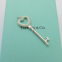 Tiffany & Co 925 Steling Silver Blue Enamel Large Beaded Heart Key Pendant Charm