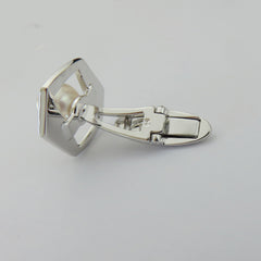 Mikimoto 925 Silver 7mm Akoya Pearl Geometric Cufflinks Tie Tack Set with Box