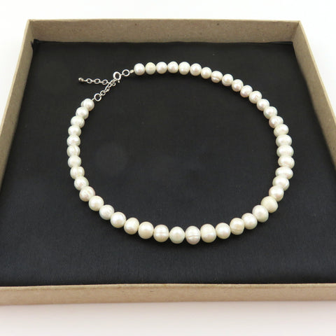 Genuine Pearl Choker Necklace 7.5-8.5mm 925 Silver Adjustable 37-40cm Handmade