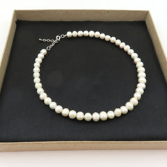 Genuine Pearl Choker Necklace 7.5-8.5mm 925 Silver Adjustable 37-40cm Handmade