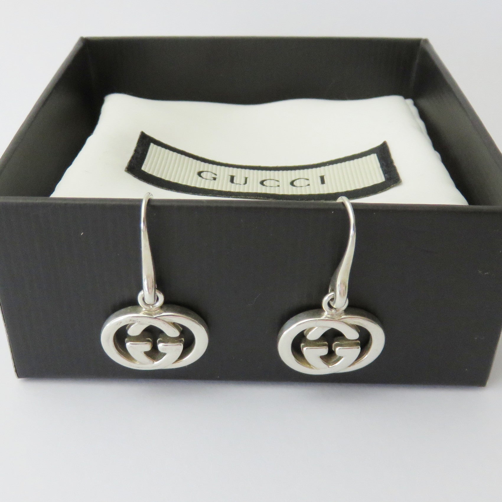 Gucci 925 Silver Interlocking G Dangle Earrings with Box Pouch Made in Italy