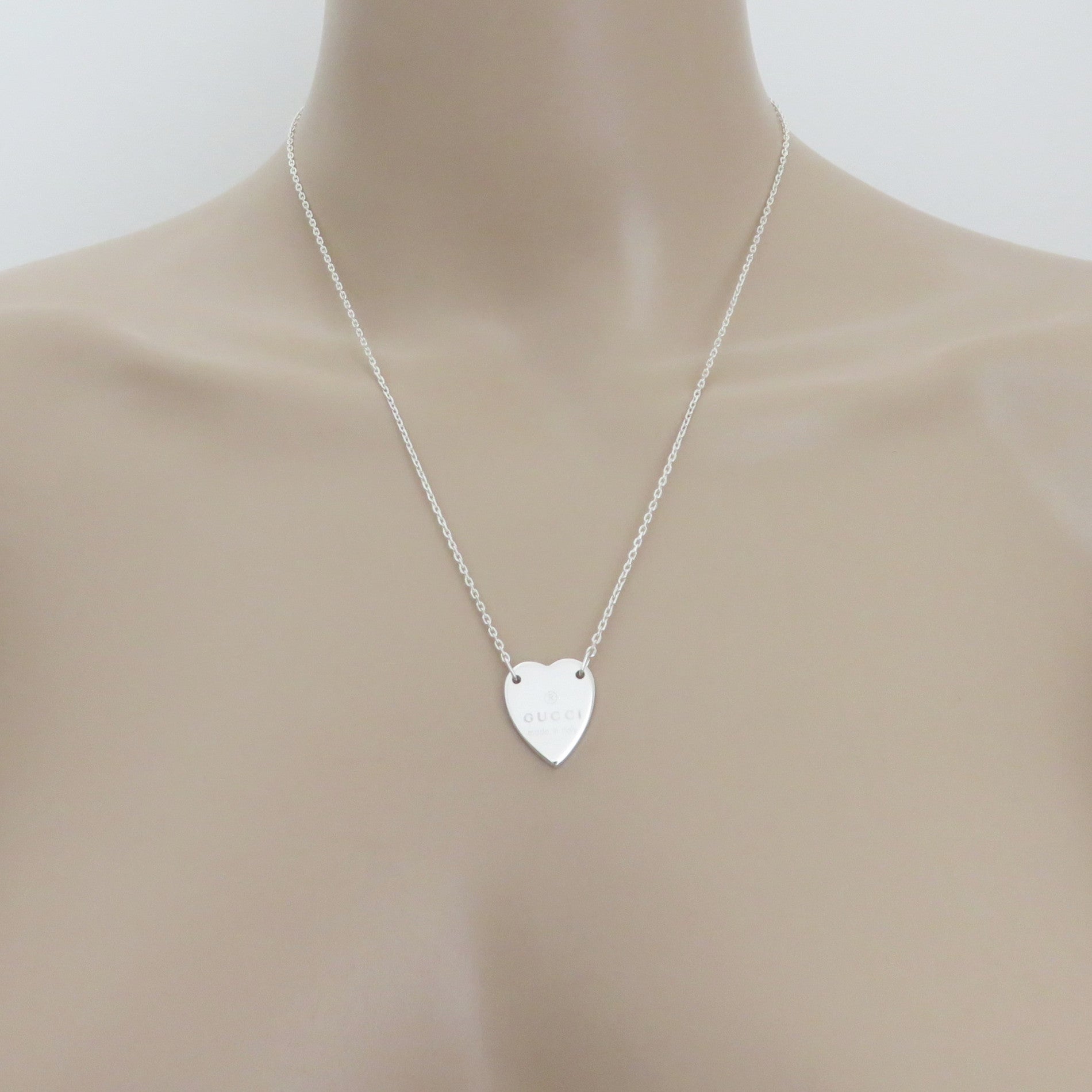 Gucci 925 Sterling Silver Trademark Heart Pendant Necklace with Pouch