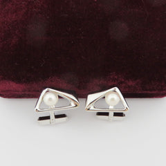 MIKIMOTO 925 Sterling Silver Akoya Pearl 8mm Triangle Geometric Cufflinks w/ Box