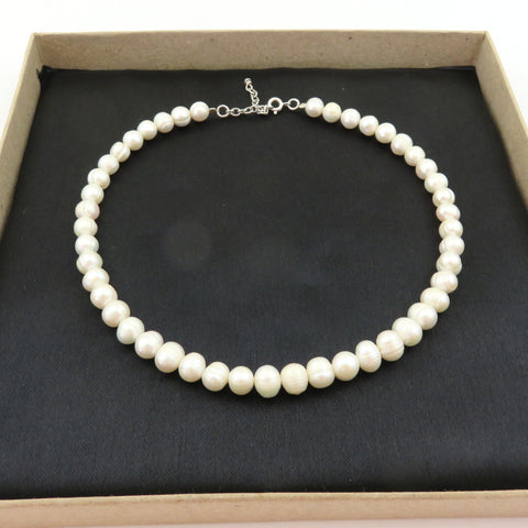 Genuine Pearl Choker Necklace 7.5-8.5mm 925 Silver Adjustable 37-40cm Handmade