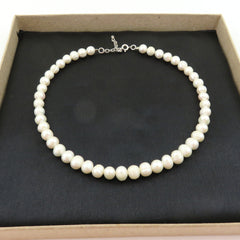 Genuine Pearl Choker Necklace 7.5-8.5mm 925 Silver Adjustable 37-40cm Handmade