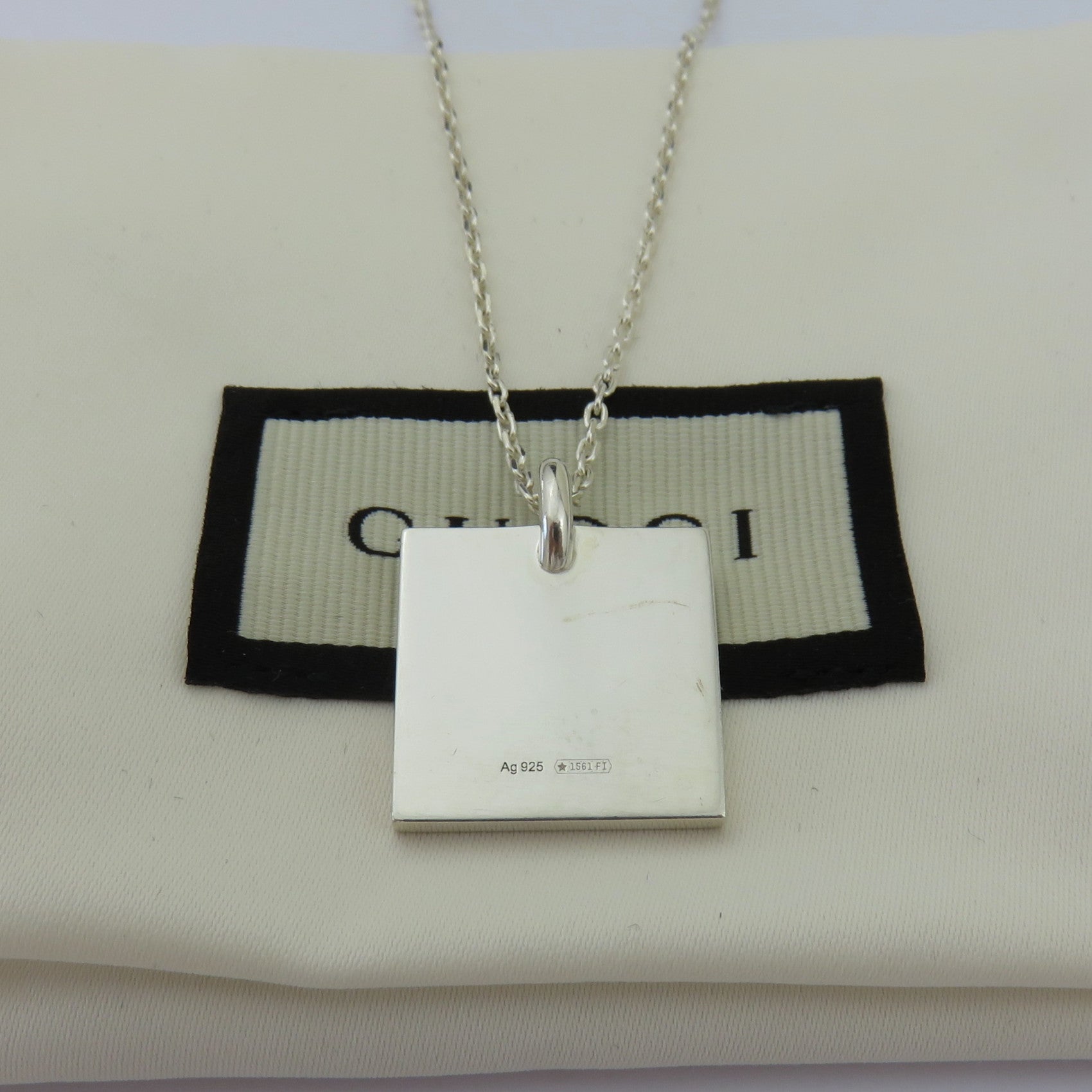 Gucci 925 Sterling Silver Square Tag Unisex Pendant Necklace with Pouch
