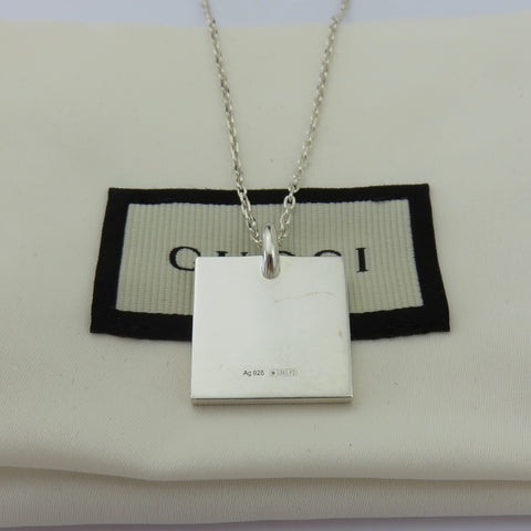 Gucci 925 Sterling Silver Square Tag Unisex Pendant Necklace with Pouch