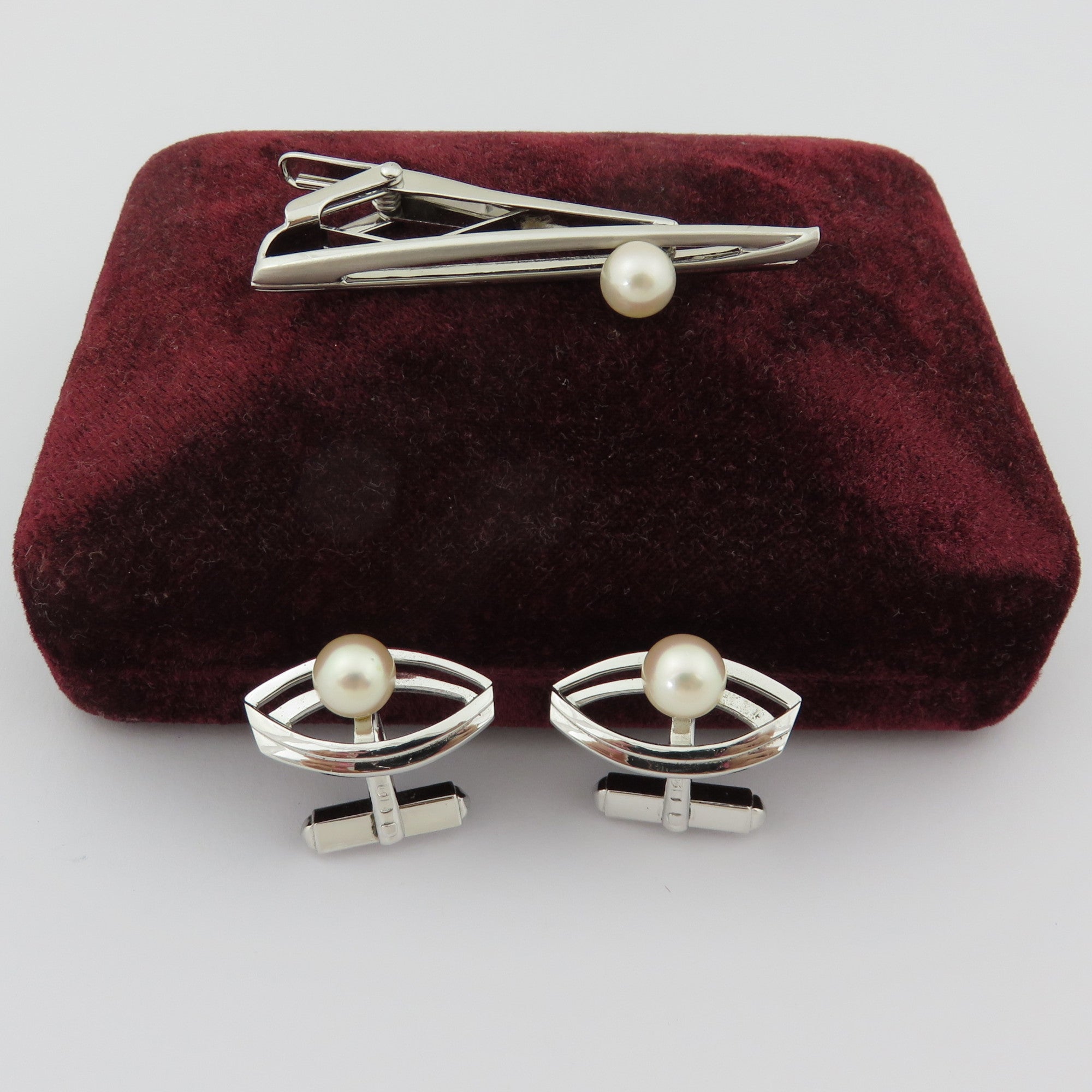 MIKIMOTO 925 Silver Akoya Pearl Marquise Cufflinks & Tie Clip Bar Set with Box