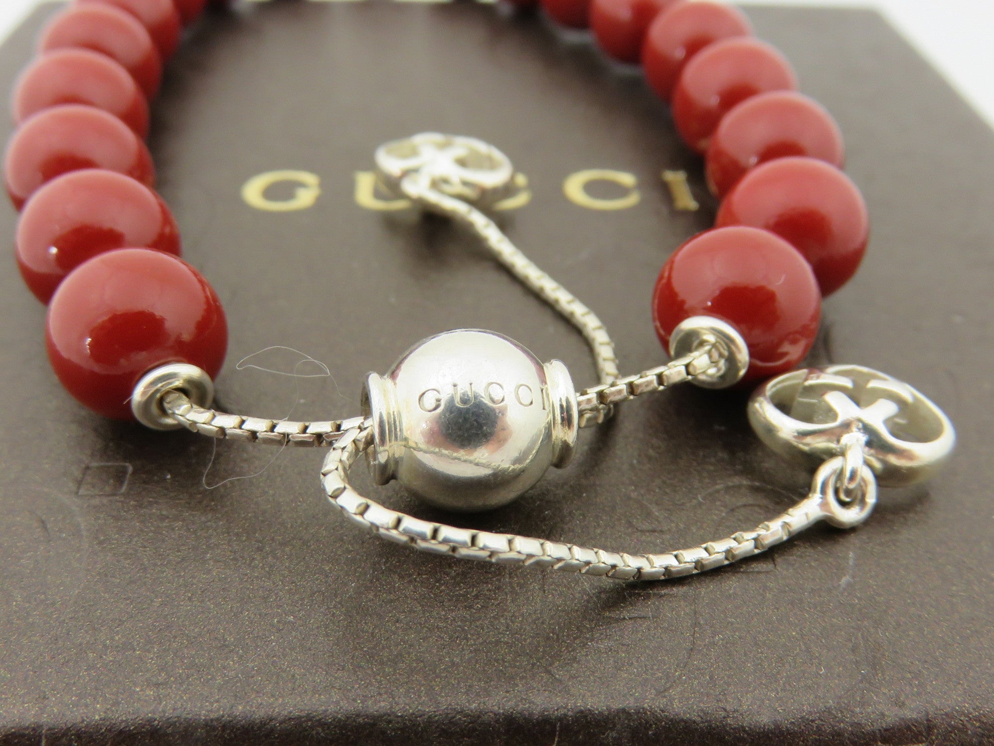 Gucci 925 Sterling Silver Red Beads Slider Bracelet with Box Made in Italy