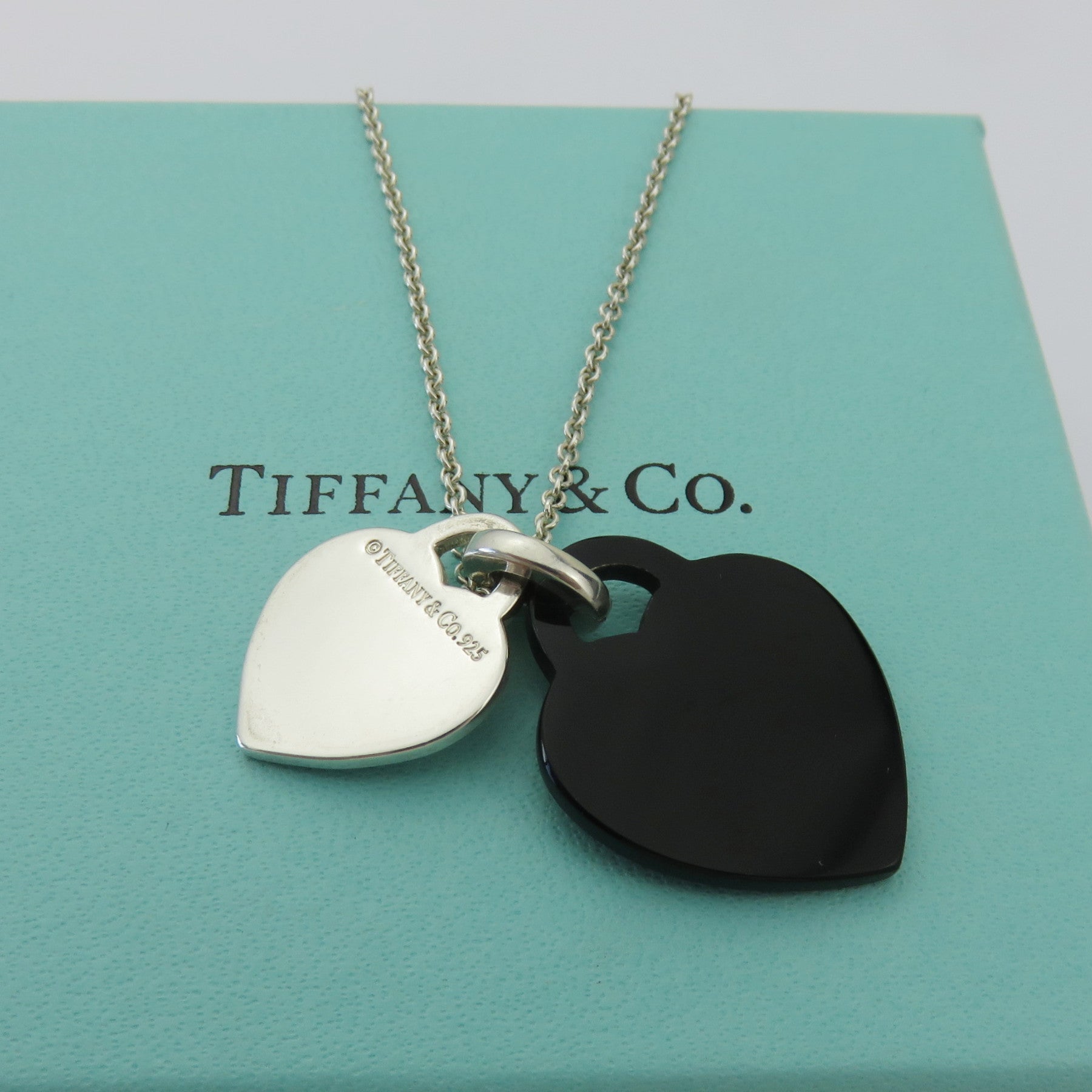 TIFFANY & CO 925 Sterling Silver Onyx Return to Tiffany Double Heart Necklace