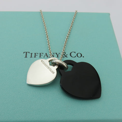 TIFFANY & CO 925 Sterling Silver Onyx Return to Tiffany Double Heart Necklace
