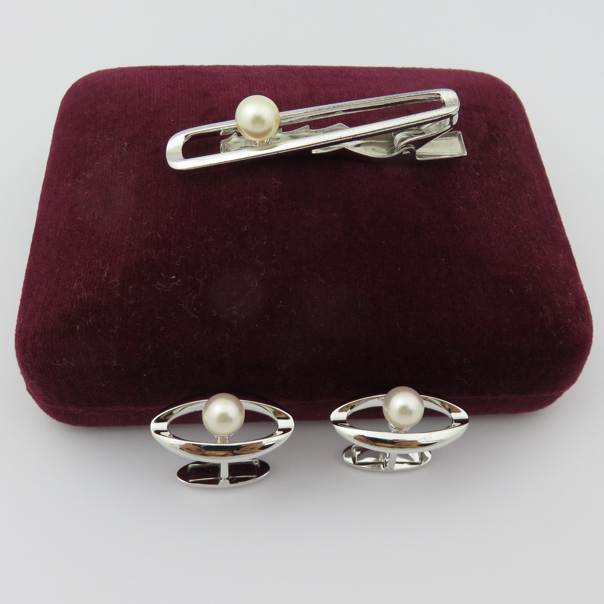MIKIMOTO 925 Silver Akoya Pearl Oval Cufflinks & Tie Clip Bar Set with Box