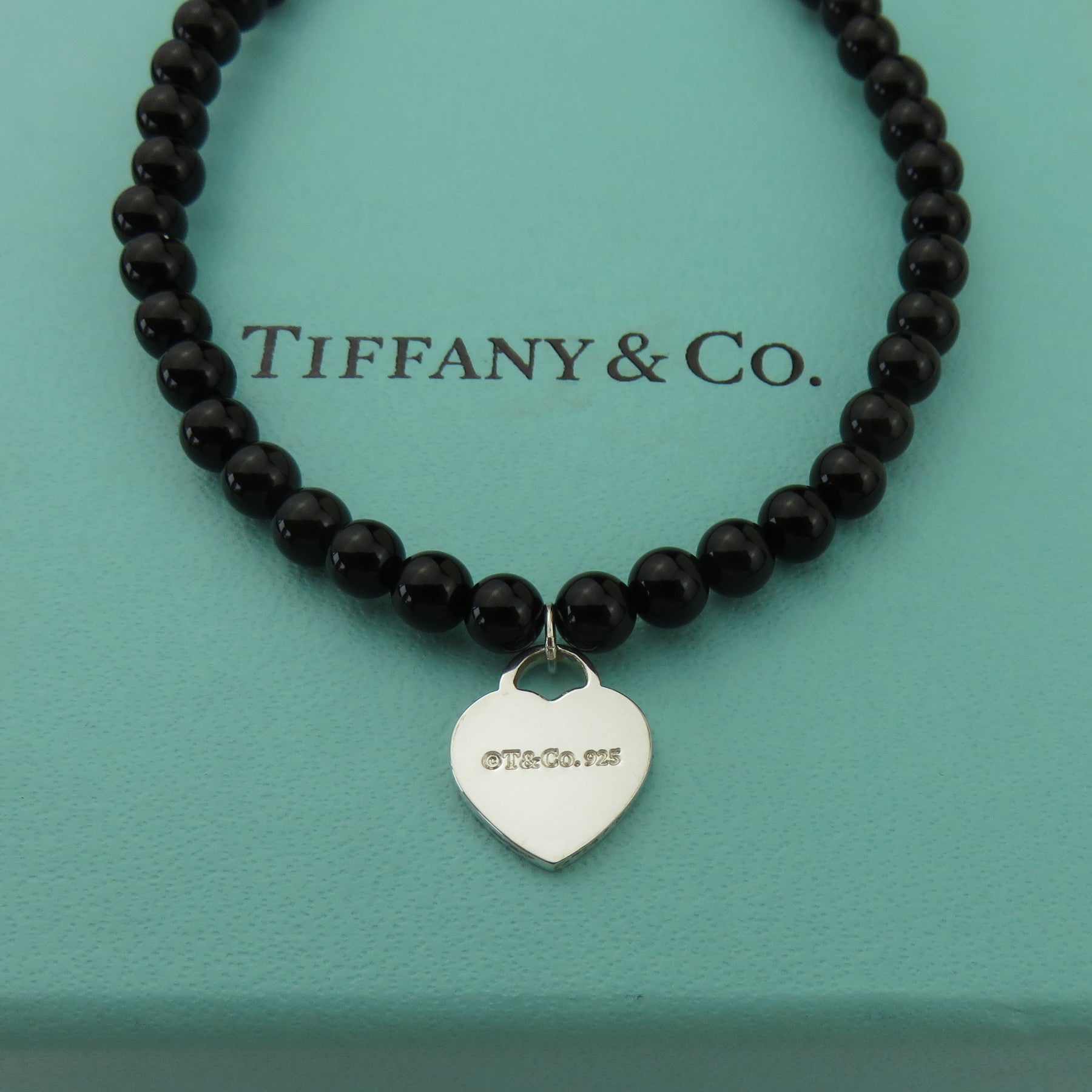 TIFFANY & CO 925 Sterling Silver Onyx Return to Tiffany Heart Mini Bead Bracelet