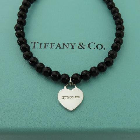 TIFFANY & CO 925 Sterling Silver Onyx Return to Tiffany Heart Mini Bead Bracelet
