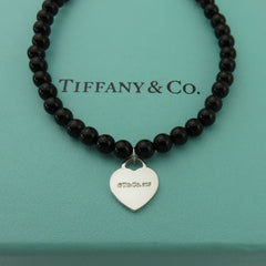 TIFFANY & CO 925 Sterling Silver Onyx Return to Tiffany Heart Mini Bead Bracelet
