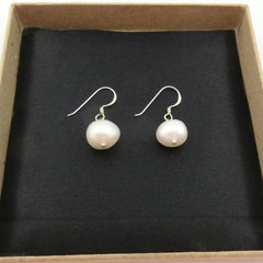 Genuine Freshwater Pearl Earrings 925 Sterling Silver Dangle Hook 10mm Pearls