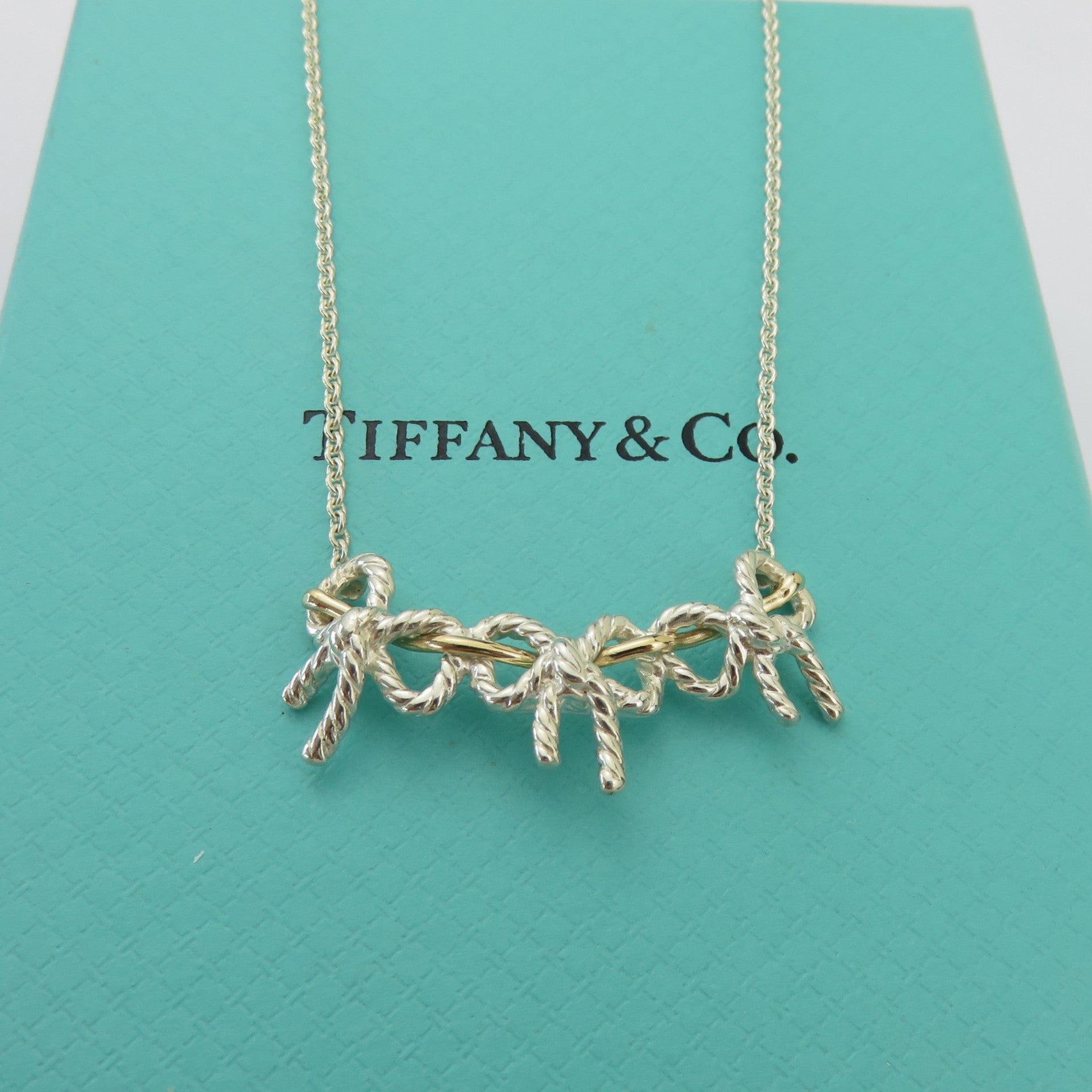 TIFFANY & CO 925 Sterling Silver 18K Gold Triple Bow Ribbon Pendant Necklace