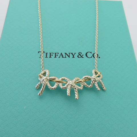 TIFFANY & CO 925 Sterling Silver 18K Gold Triple Bow Ribbon Pendant Necklace