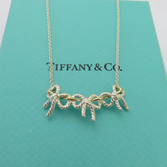TIFFANY & CO 925 Sterling Silver 18K Gold Triple Bow Ribbon Pendant Necklace